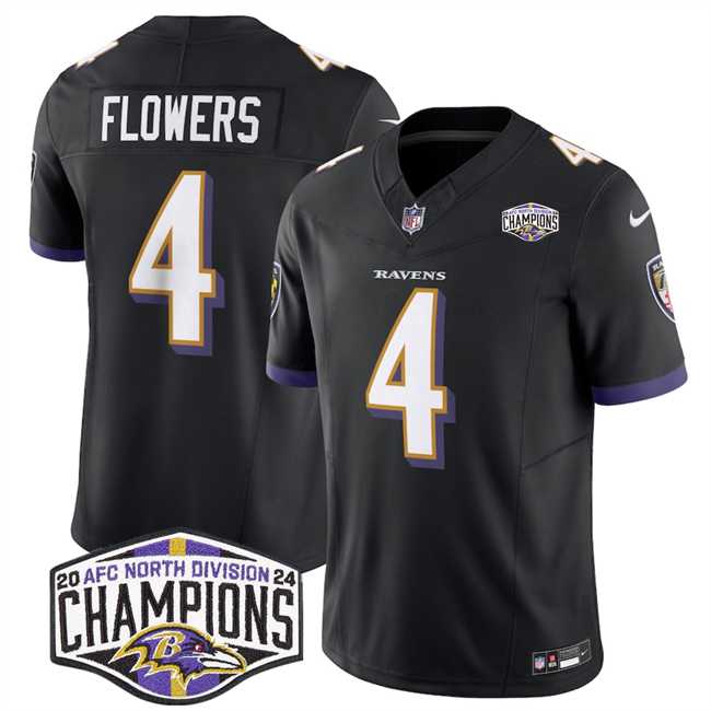 Men's Baltimore Ravens #4 Zay Flowers Black F.U.S.E 2024 AFC North Division Champions Vapor Limited Jersey,We sell and wholesale Men's Baltimore Ravens #4 Zay Flowers Black F.U.S.E 2024 AFC North Division Champions Vapor Limited Jersey on line form chian!